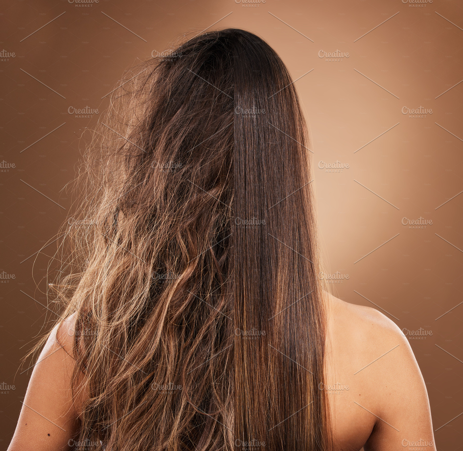 Frizz, heat damage and hair of a woman isolated on a brown background in a studio. Back, salon treatment and lady showing results from keratin treatment, before and after a hairdresser procedure, a Photo by Peopleimages.com