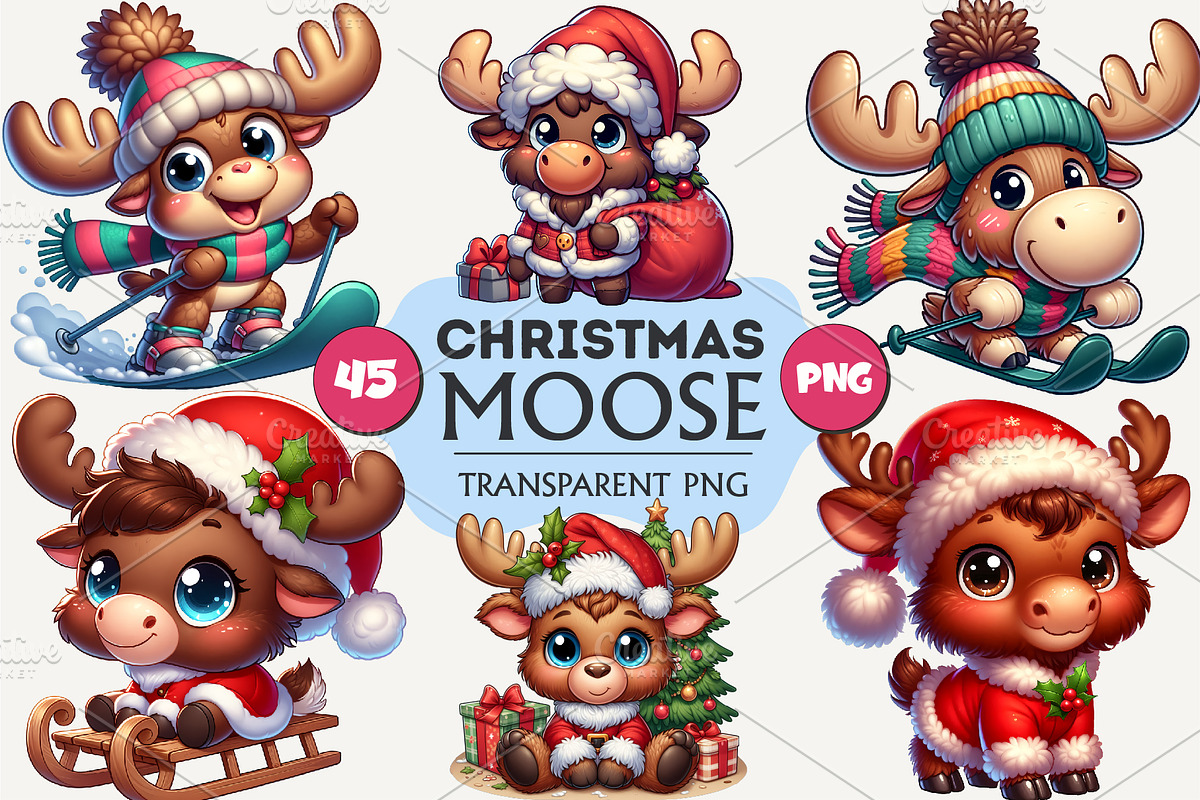 Cute Christmas moose. T-Shirt, PNG., an Animal Illustration by KENO Mascots (Photo 1 of 8)