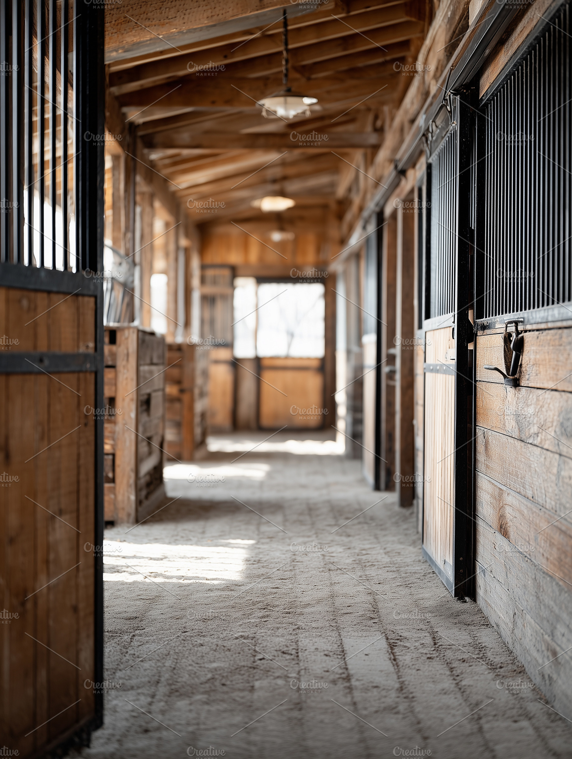 Sunlit rustic horse stable corridor, an Architecture Photo by MistyDay