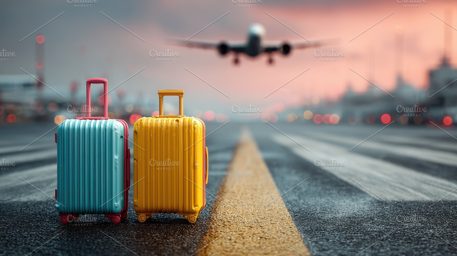 Suitcases on runway plane landing tr, a Photo by Pixeness Studio