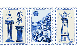 Hand drawn Amalfi coast postage