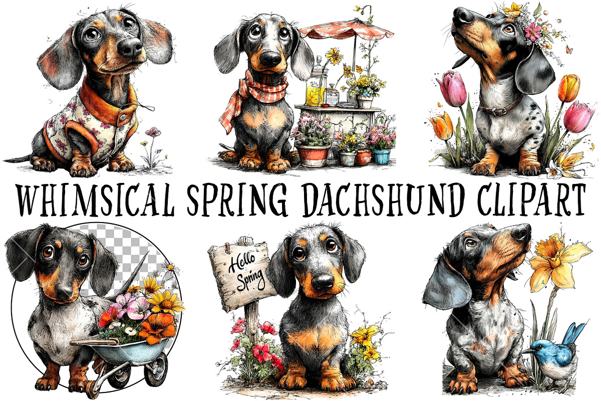 Whimsical Spring Dachshund Clipart, an Illustration by OK Design (Photo 2 of 6)