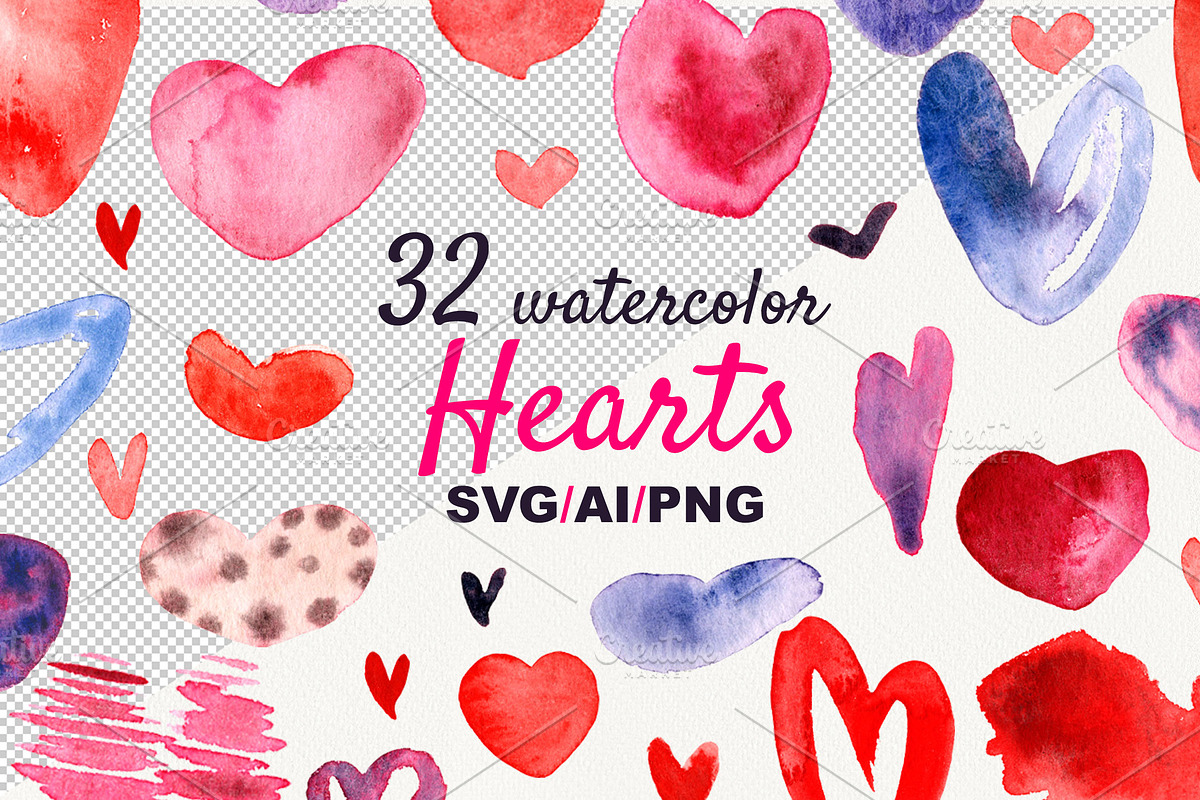 32 watercolor Hearts PNG,SVG,AI, a Seasonal Illustration by ZinchArt (Photo 1 of 3)