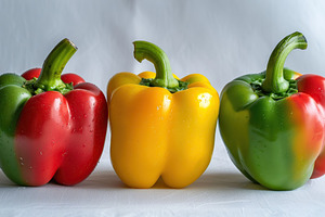 Ripe colorful peppers on grey background, a Food & Drink Photo by AlyaAnd