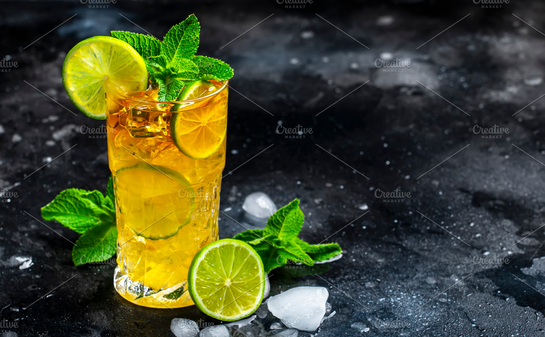 Dark and Stormy cocktail drink with dark rum, ginger ale, lime a, a Food & Drink Photo by 5PH