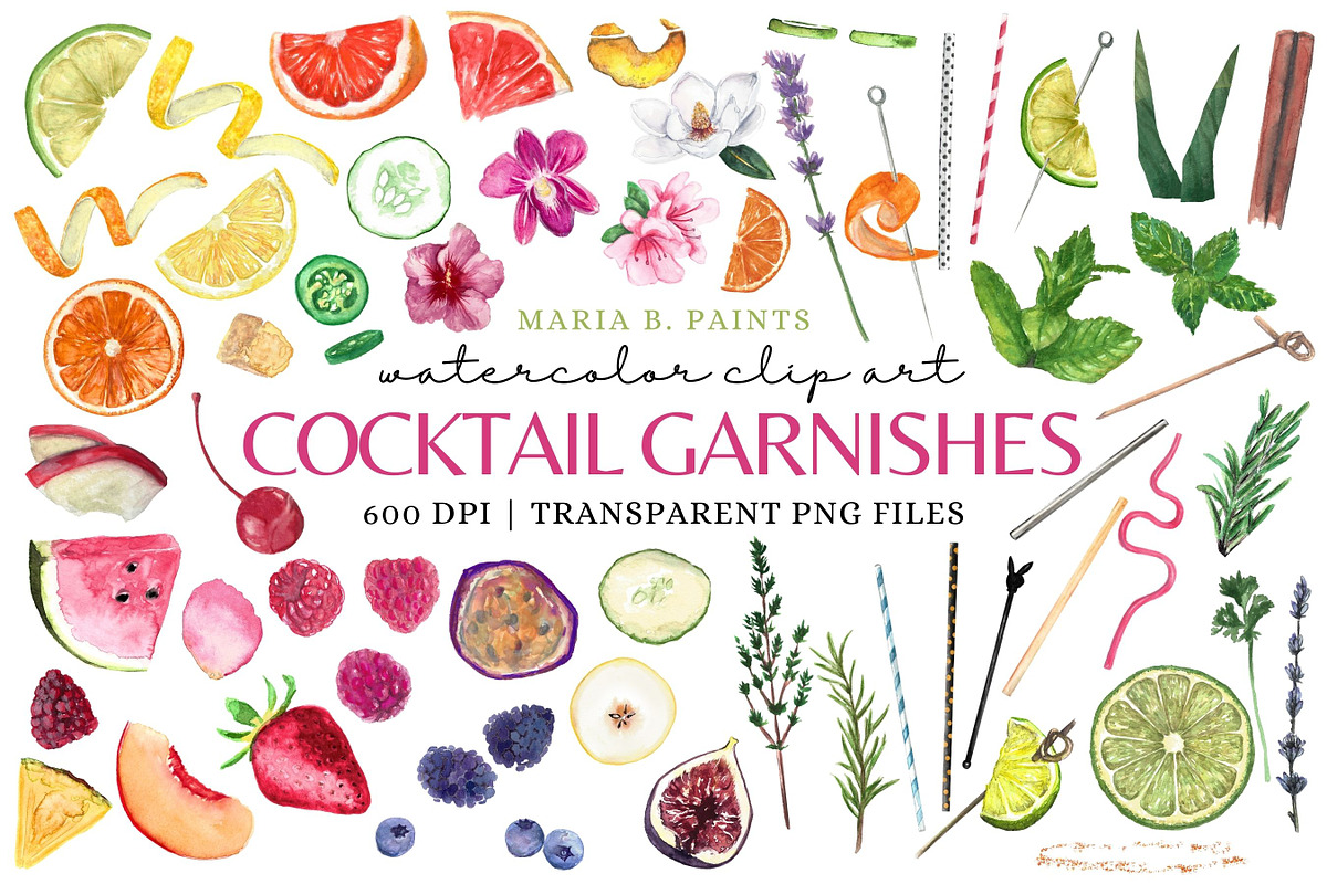 Cocktail Garnishes Clipart Set, a Food Illustration by Maria B. Paints (Photo 1 of 2)