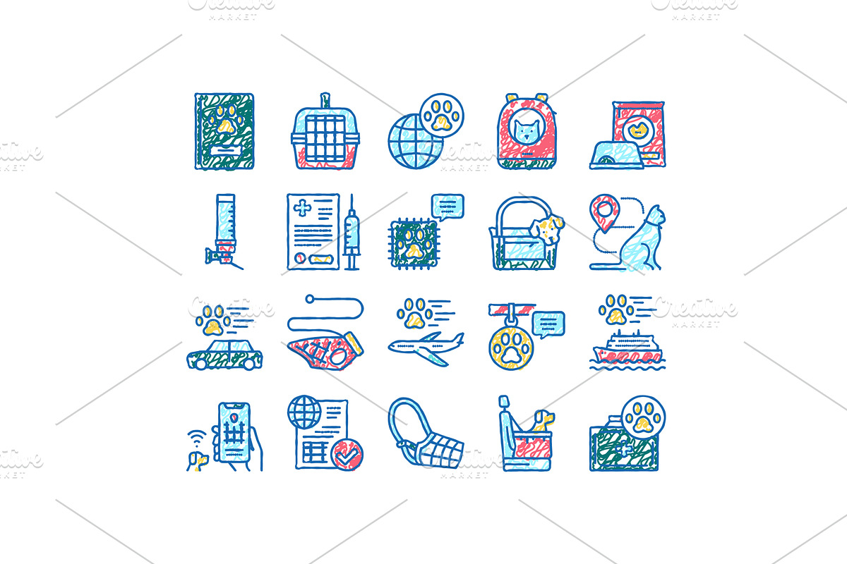 Pet Travel Equipment set Icons hand, an Object Illustration by pikepicture
