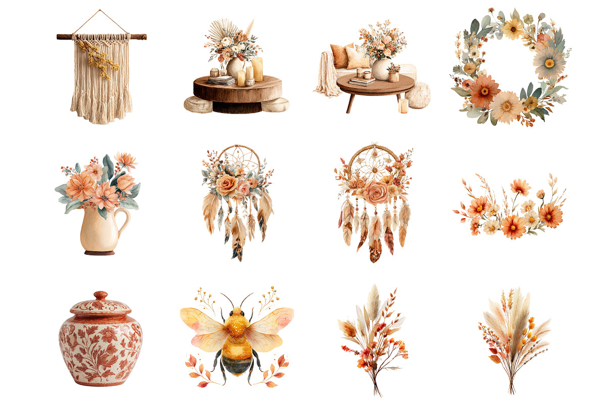 Watercolor Spring Boho Clipart, an Illustration by DreamArtGraphic (Photo 3 of 4)