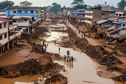 Flooding in an African country, with washed out roads, damaged houses and rubbi