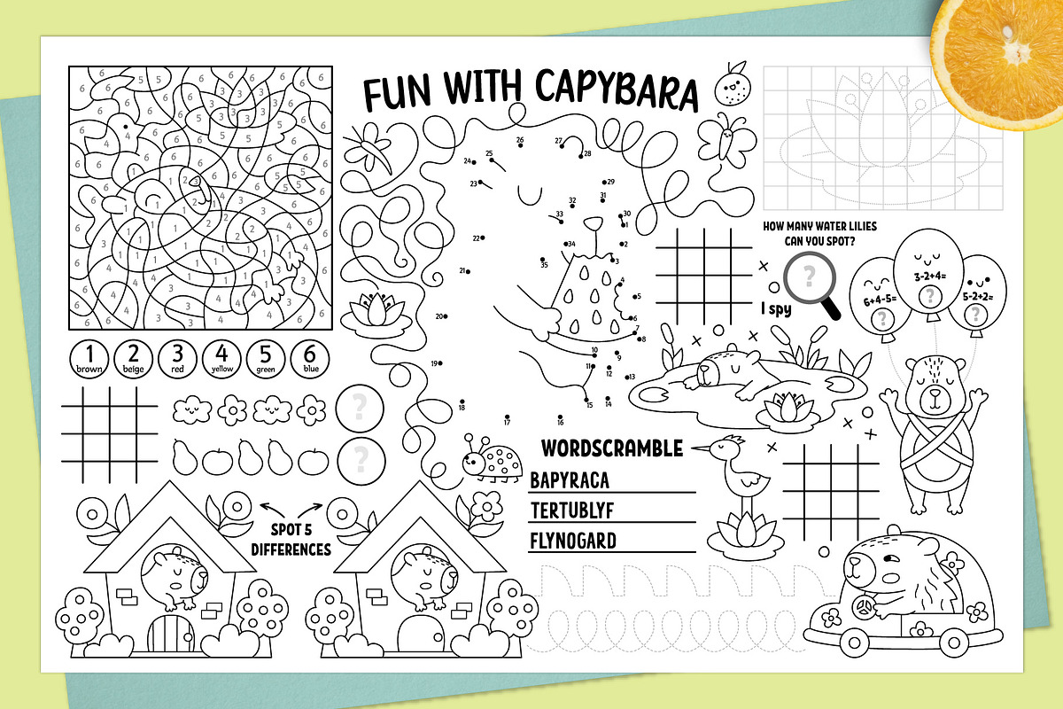 Capybara coloring activity play mats, an Education Illustration by Lexi Claus (Photo 2 of 6)