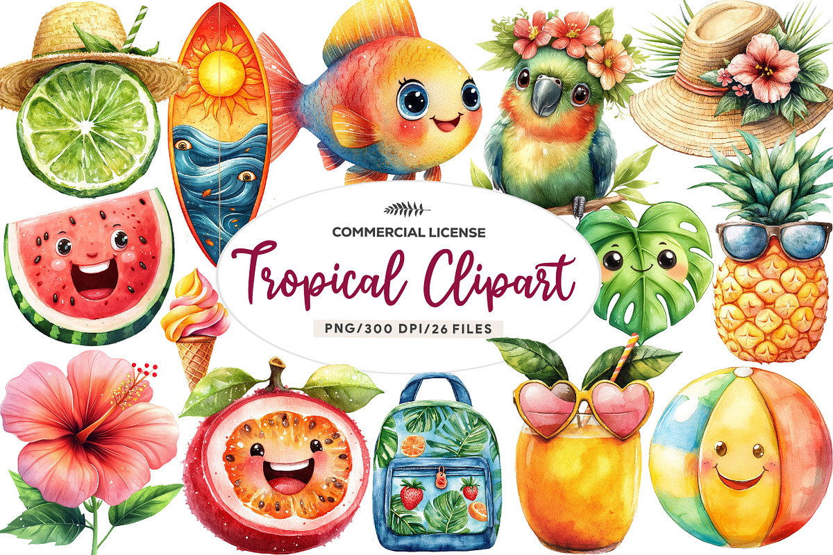 Tropical Clipart Watercolor, Tropica, an Illustration by CreationArt (Photo 1 of 9)