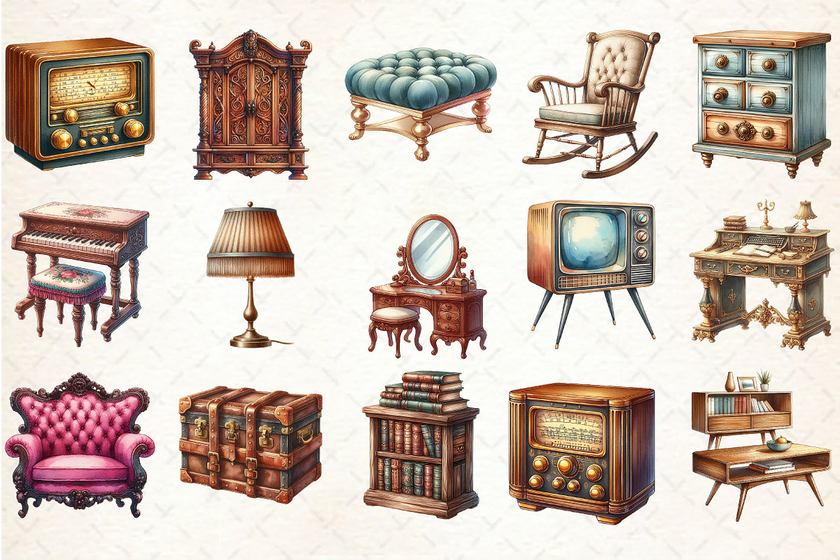 Vintage Furniture Watercolor Clipart, an Illustration by Rose Art (Photo 2 of 5)