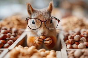 Squirrel with tiny reading glasses sorting nuts in a cozy, natural setting, a Photo by AlyaAnd