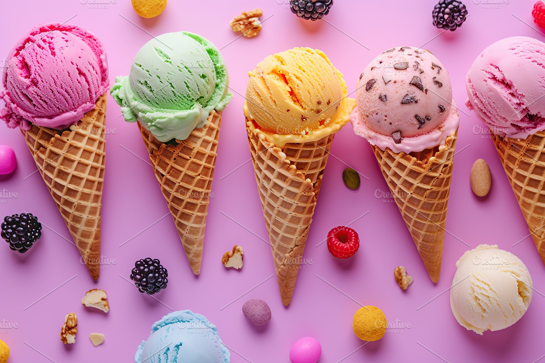 Colorful ice cream scoops with sprinkles in waffle cones and ripe fruits on pin, a Food & Drink Photo by AlyaAnd