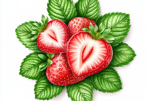 Strawberry with sliced half and leav, a Food & Drink Photo by Pixeness Studio