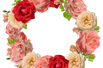 A lush wreath of various roses in red, peach, pale pink with gre