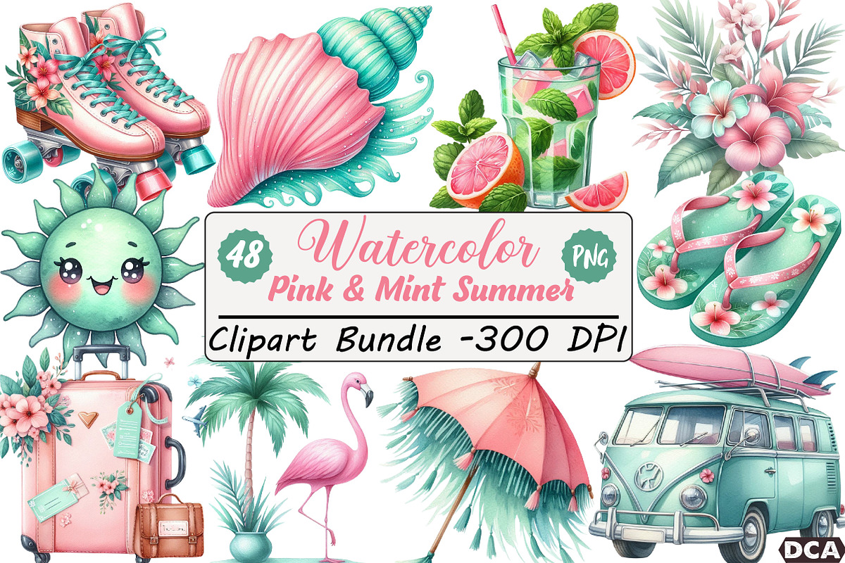 Pink & Mint Summer Clipart, an Illustration by DreamCafeArt (Photo 1 of 8)