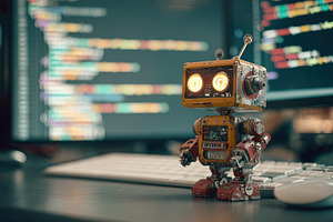 Vintage robot figurine on office desk with blurred computer scre, an Abstract Photo by Ales Munt
