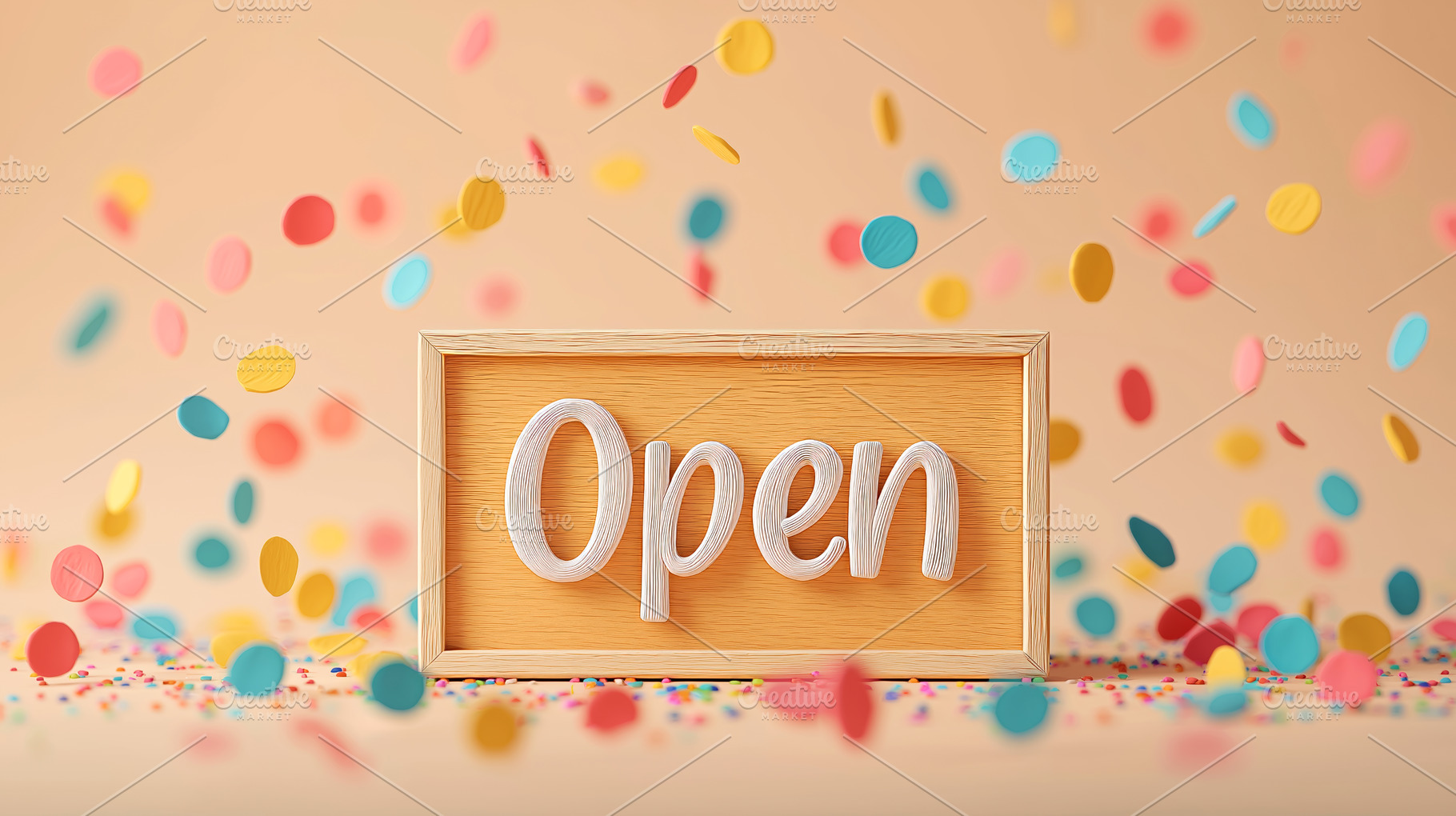 Open Sign Amidst Confetti, an Abstract Photo by Ocean Digital Art