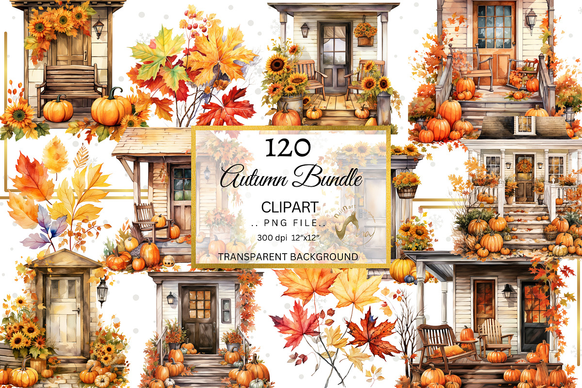 Autumn Clipart Bundle Watercolor PNG, an Illustration by NiiiNArt