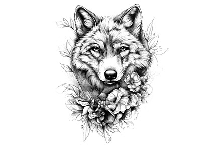 Floral Elegant Wolf Tattoo Sketch, an Illustration by BazziBa♥
