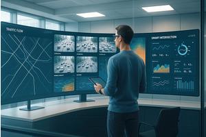A male traffic analyst using a, a Technology Illustration by Sergey Kotenev
