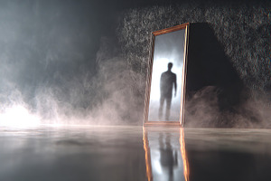 Reflection of a shadowy figure in a tall mirror surrounded by misty atmosphere, a Photo by AlyaAnd