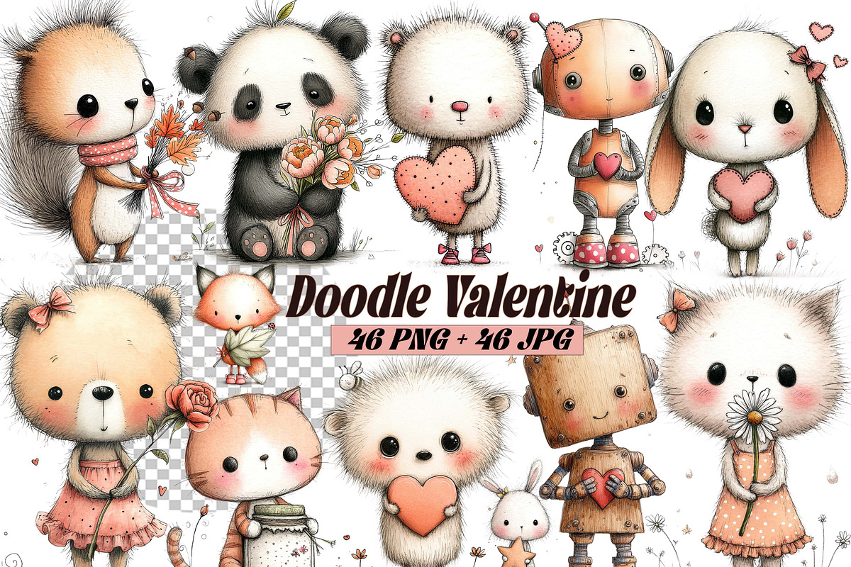 Whimsical Doodle Valentine Animals, an Illustration by one-touch (Photo 1 of 19)