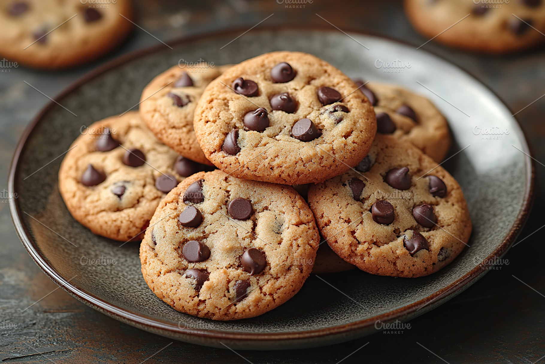 Freshly baked chocolate chip cookies on a ceramic plate ready to be enjoyed wit, a Food & Drink Photo by AlyaAnd