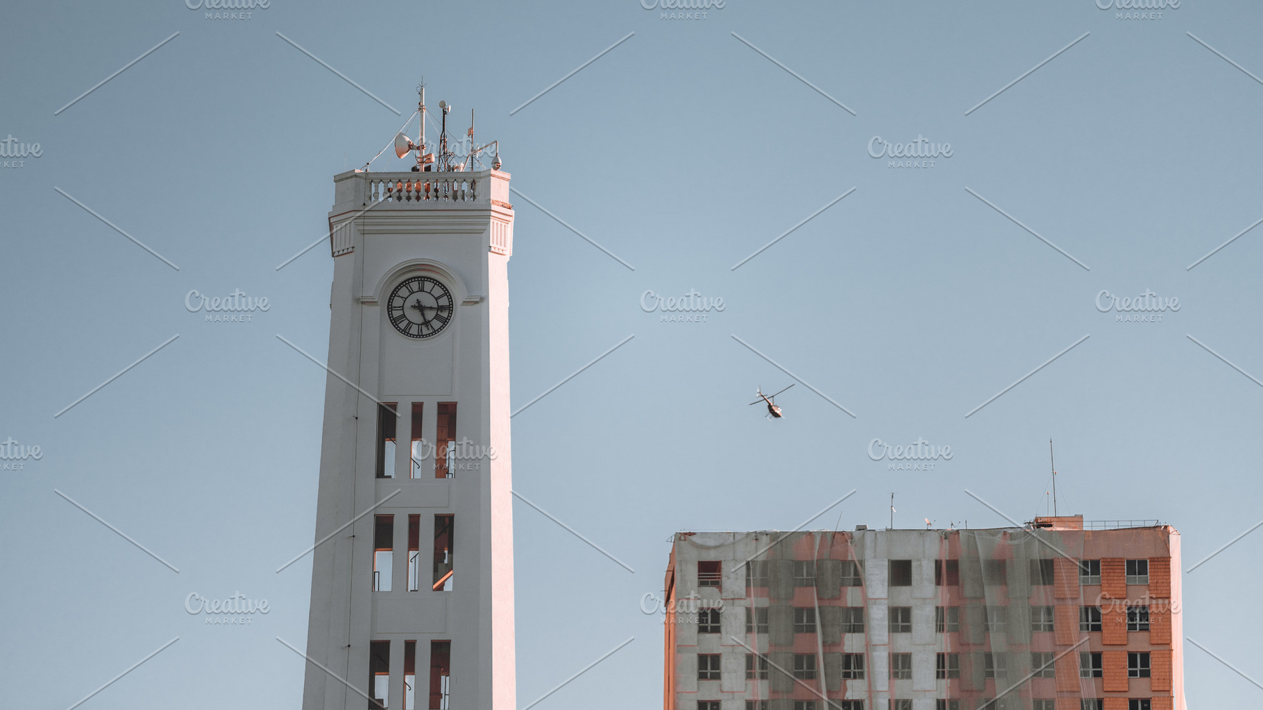 Urban Clock Tower And Helicopter, an Architecture Photo by SkyNext