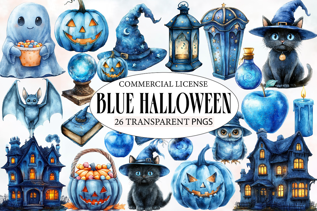 Blue Halloween Watercolor Clipart, an Illustration by Designworld (Photo 1 of 4)