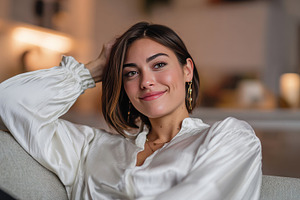 Smiling woman sitting on couch, a Photo by Beautiful things