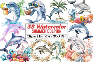 Watercolor Summer Dolphin Clipart, an Illustration by DreamCafeArt