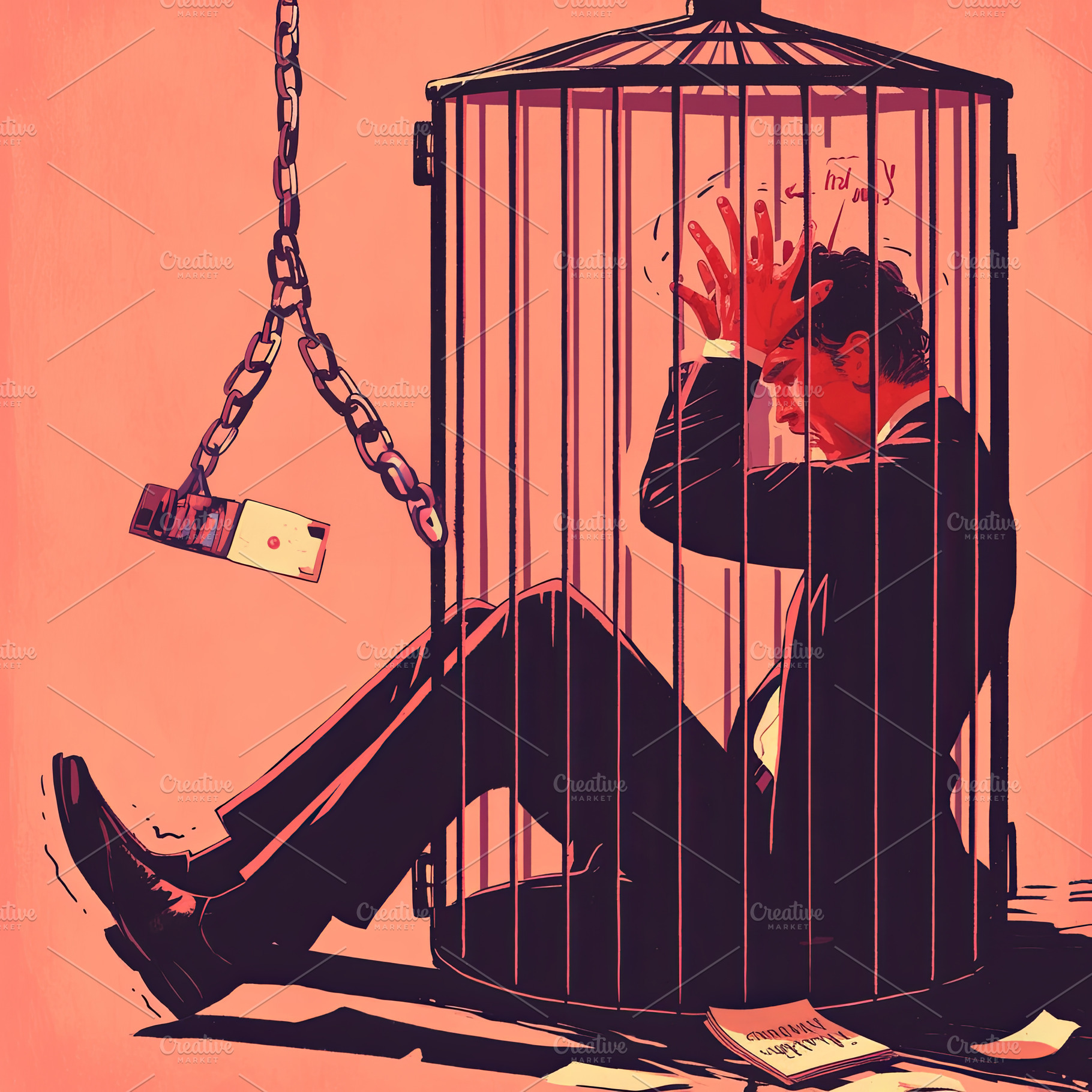 Businessman in a cage depicting stress and feeling trapped., a Photo by AS photostudio