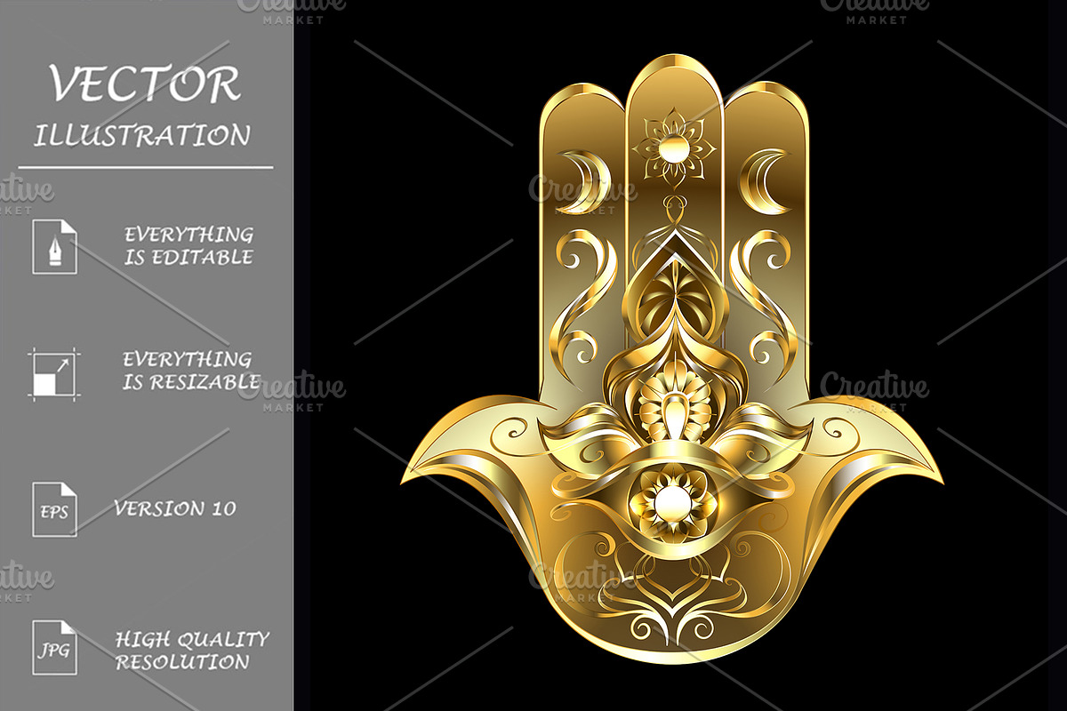 Gold Hamsa Hand, a Decorative Illustration by blackmoon9