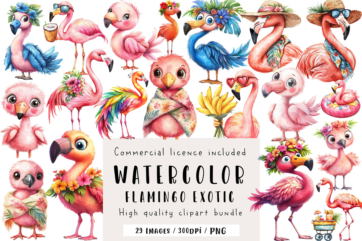 Flamingo Watercolor Clipart, Exotic, an Illustration by CreationArt (Photo 1 of 5)