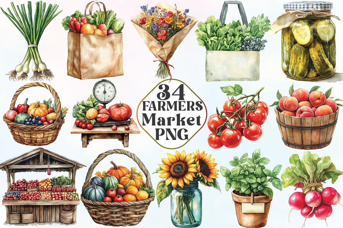 Watercolor Farmers Market Clipart, an Illustration by CraftArtStudio (Photo 1 of 6)