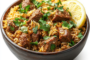 Brown Bowl of Mutton biryani with sa, a Food & Drink Photo by Pixeness Studio