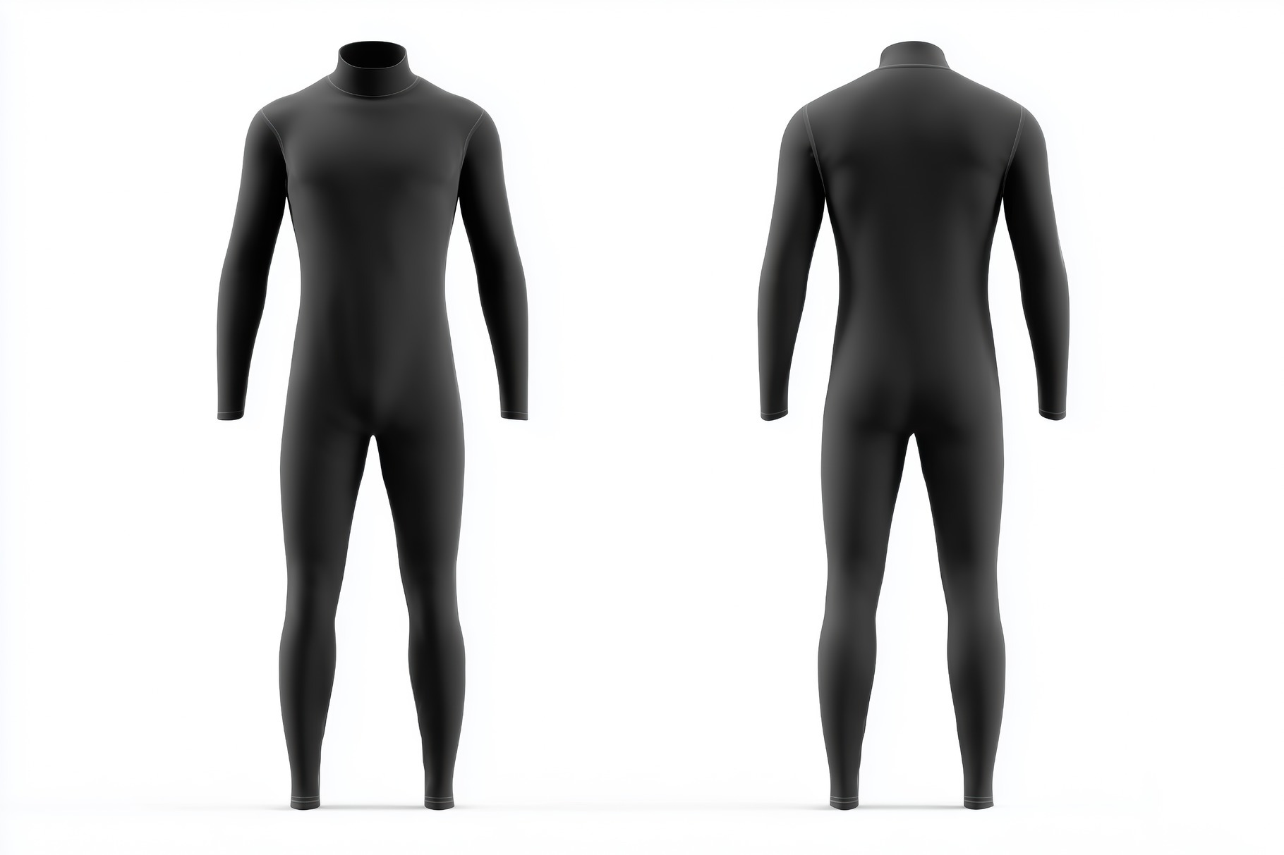 A sleek, full-body black wetsuit mockup from the front and back views ...