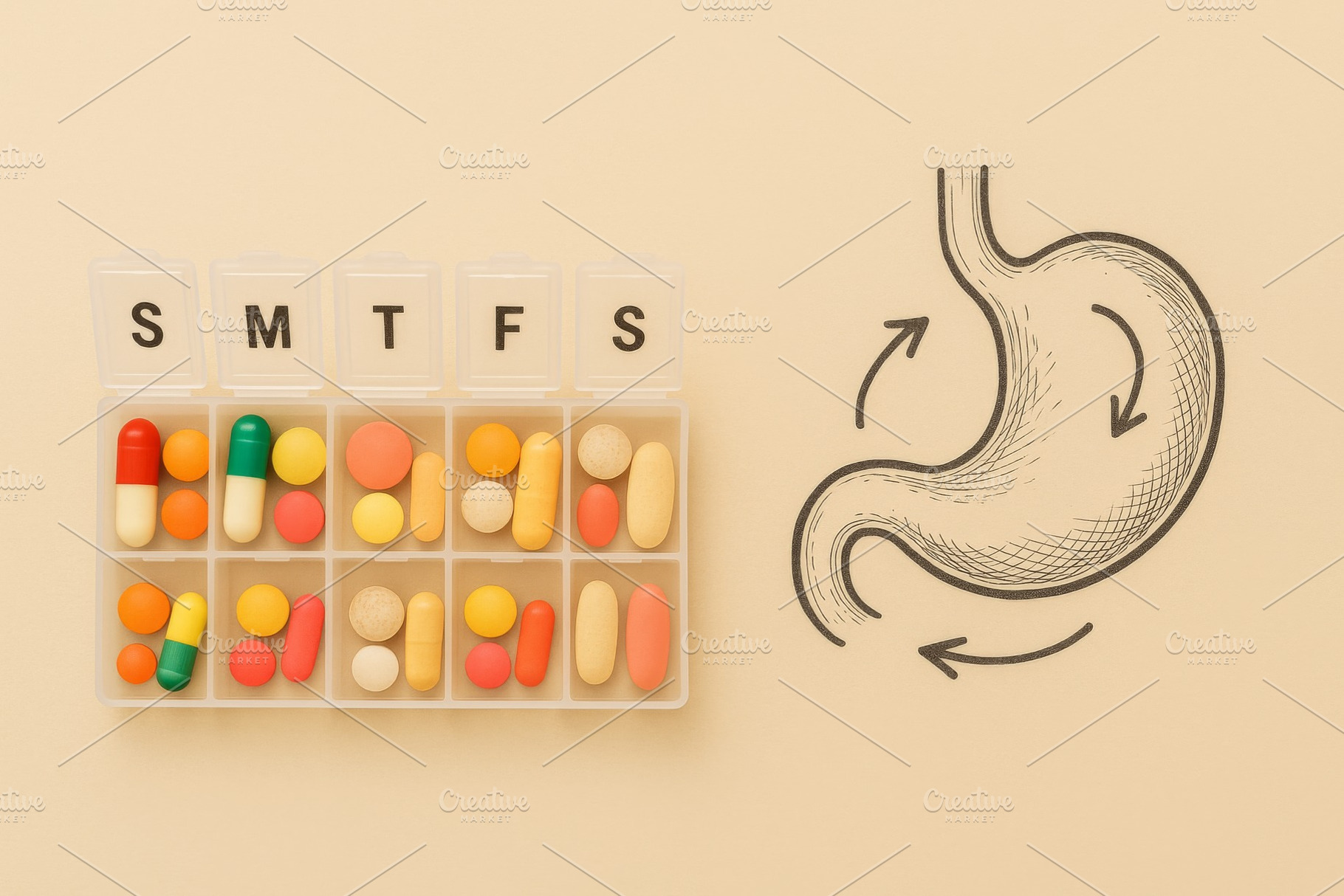 Pill organizer and stomach sketch il, a Photo by Dvoevnore photos