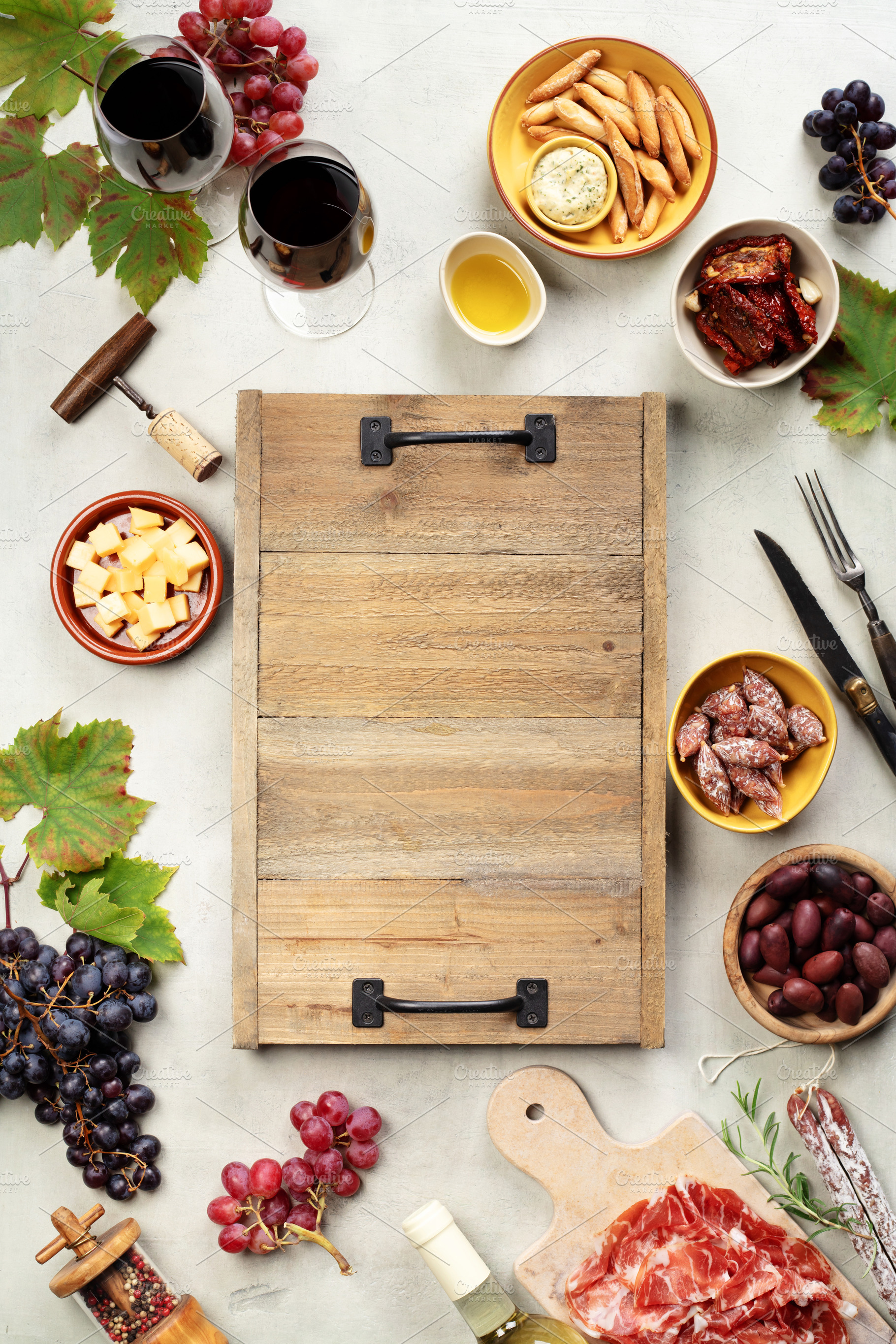 Charcuterie Board Frame with Wine and Snacks Copy Space, a Food & Drink Photo by Natalia Klenova's Shop