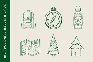 Camping Elements Line Art Collection, an Object Graphic by nandinigraphics