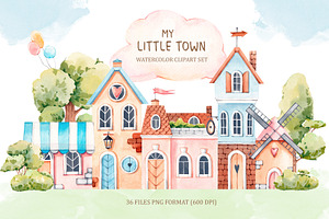 My little town. Watercolor clipart, a Decorative Illustration by VerAna