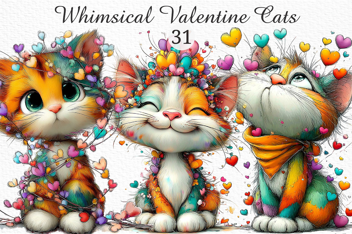 Whimsical Valentine Cats Clipart, an Illustration by Craft Nest (Photo 1 of 11)