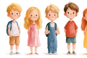 Group of young diverse children standing with backpacks, representing student l, an Illustration by Studio ANNA