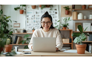 Asian woman smiling while working on, a Technology Photo by Sergey Kotenev