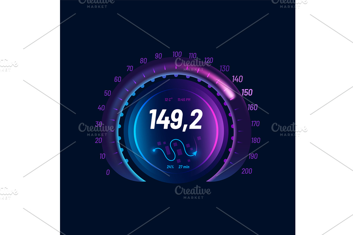 Speedometer neon dial, gauge, a Technology Illustration by Vector Tradition