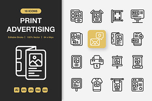 Print Advertising Outline Icons, an Outline Icon by Spacepixel Creative