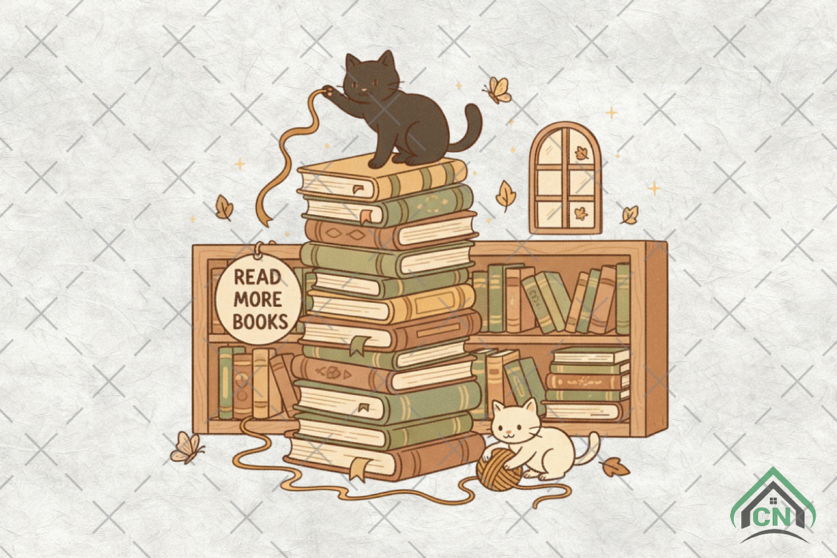 Whimsical Cat & Book Stack PNG, an Illustration by Craft Nest (Photo 1 of 6)