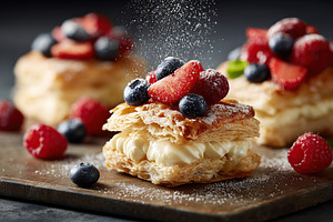 Creamy puff pastry squares topped with fresh berries and powdered sugar on a wo, a Food & Drink Photo by AlyaAnd